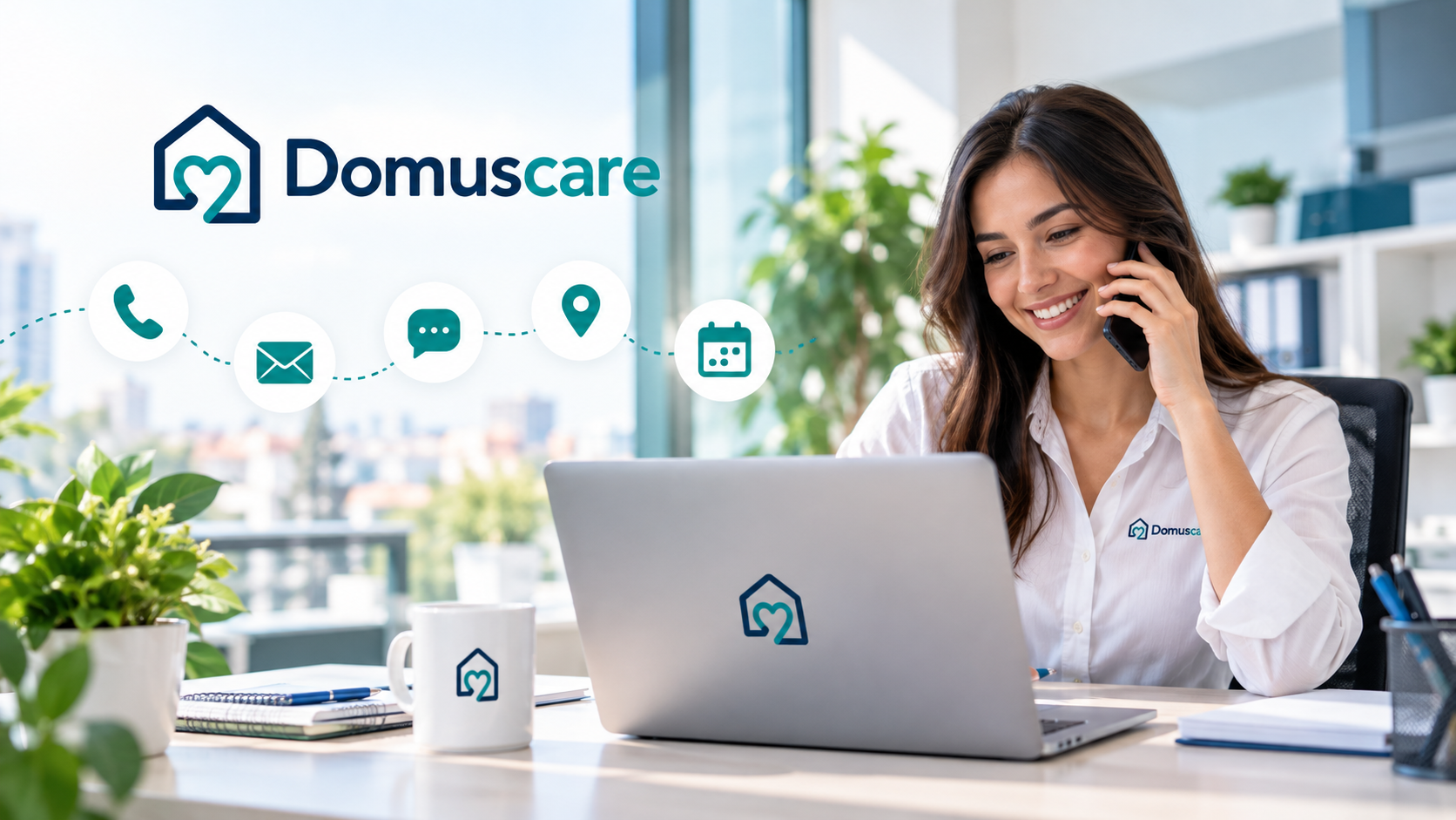Una persona del equipo de DomusCare atiende una llamada desde su oficina