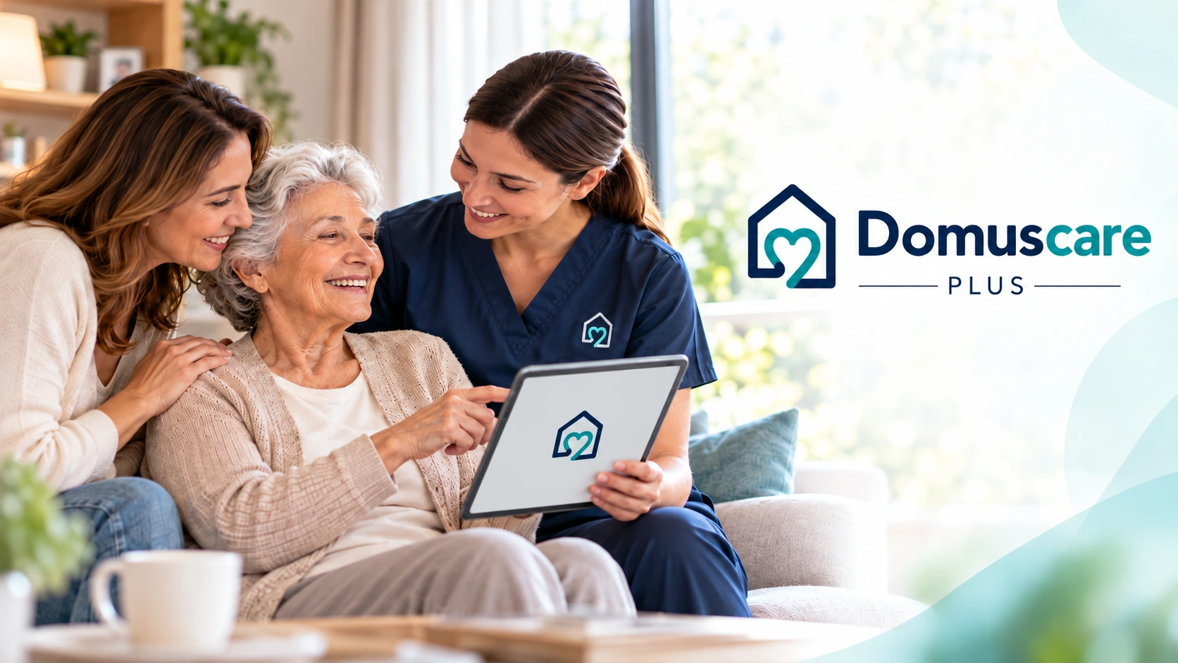 Una profesional de DomusCare acompaña a una persona mayor y a su familiar en casa, junto al logotipo de DomusCare PLUS.
